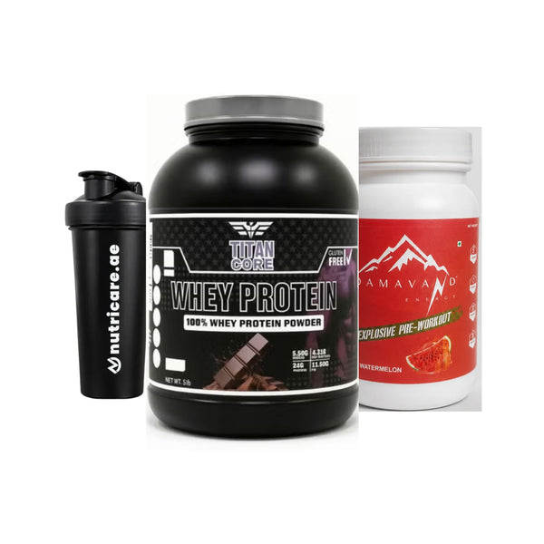 Titan core whey protein + Damavand Explosive Pre workout + Shaker