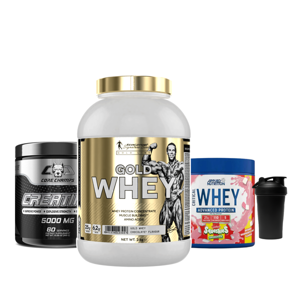 Kevin Levrone Gold Whey +Core Champs Creatine Monohydrate 300g +Applied Nutrition Critical Whey Protein 150g+ Shaker