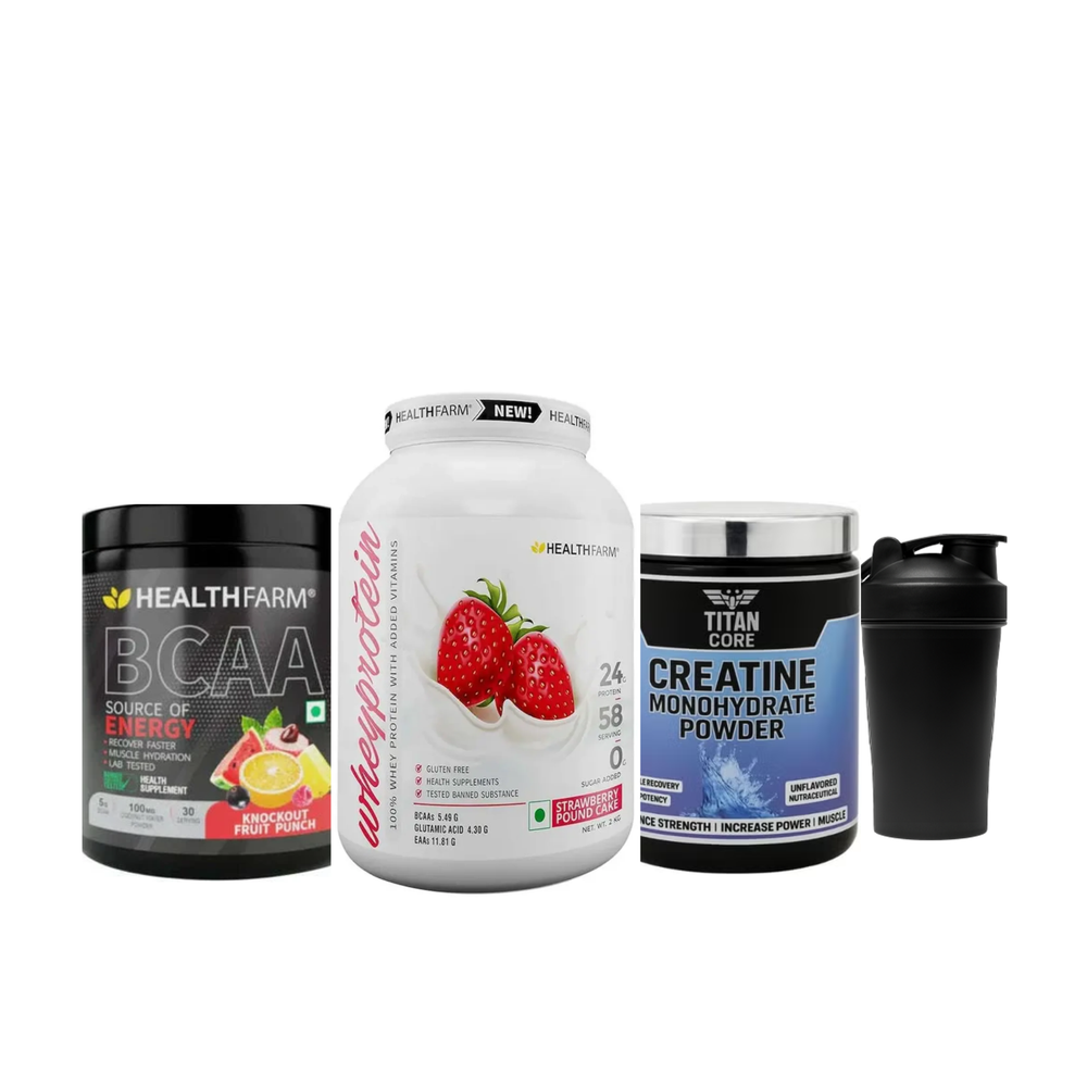 HealthFarm Whey Protein 2kg + HealthFarm BCAA 300g + Titan core Creatine Monohydrate Powder 300g + shaker